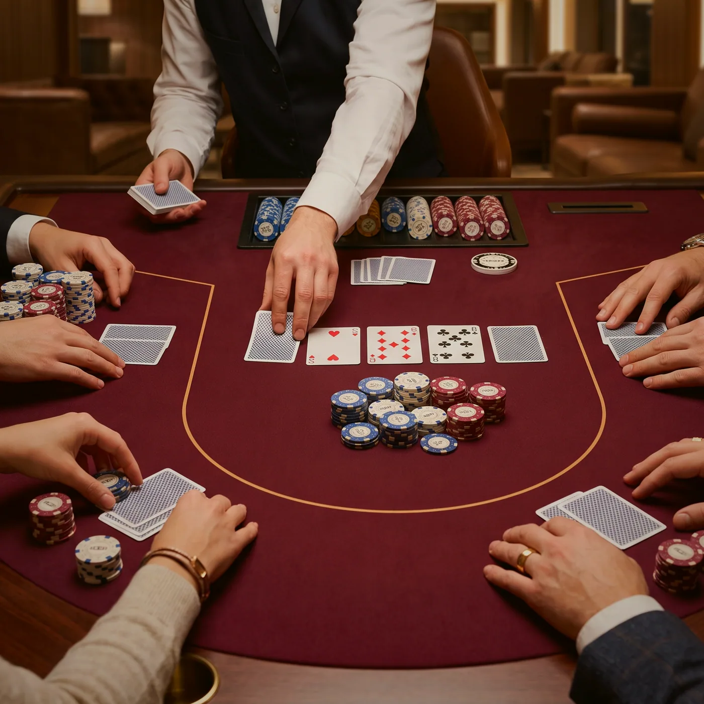 A dealer's hand pushing a row of scoring chips toward a player across the felt.