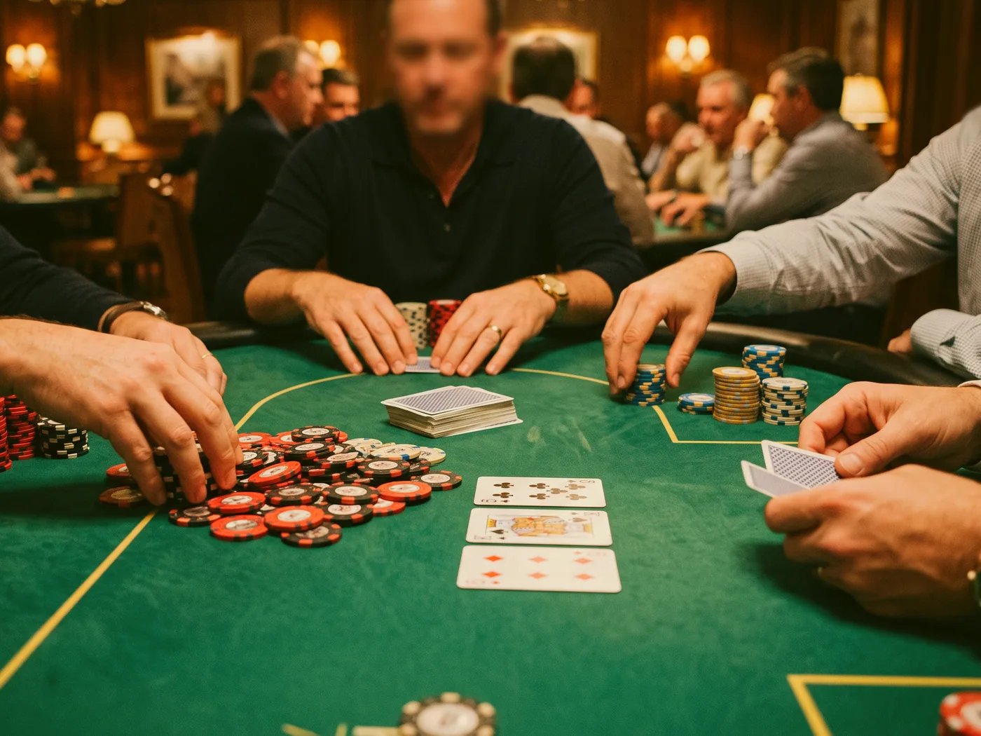 Chip stacks arranged in even rows on a card table before an evening of euchre begins.